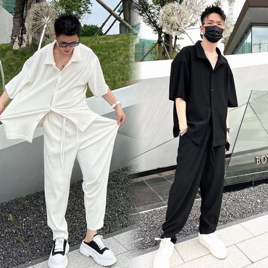 Men's Fashion Casual Loose Pleated Texture Shirt And Trousers Two-piece Set Eromxe