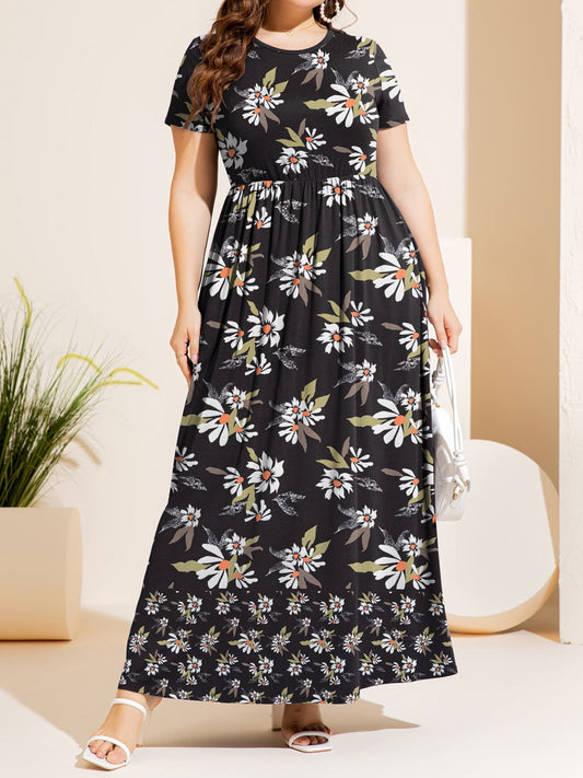 Plus Size Printed Round Neck Short Sleeve Maxi Dress Eromxe