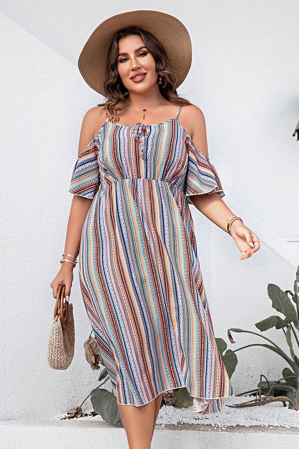 Plus Size Striped Cold-Shoulder Dress Eromxe