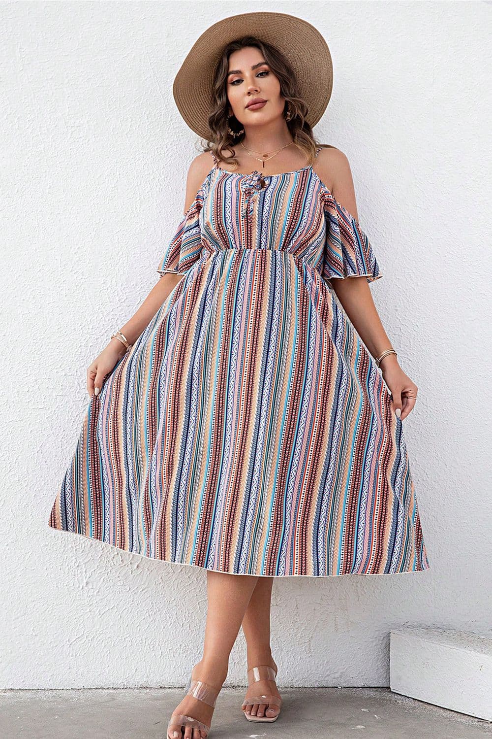 Plus Size Striped Cold-Shoulder Dress Eromxe