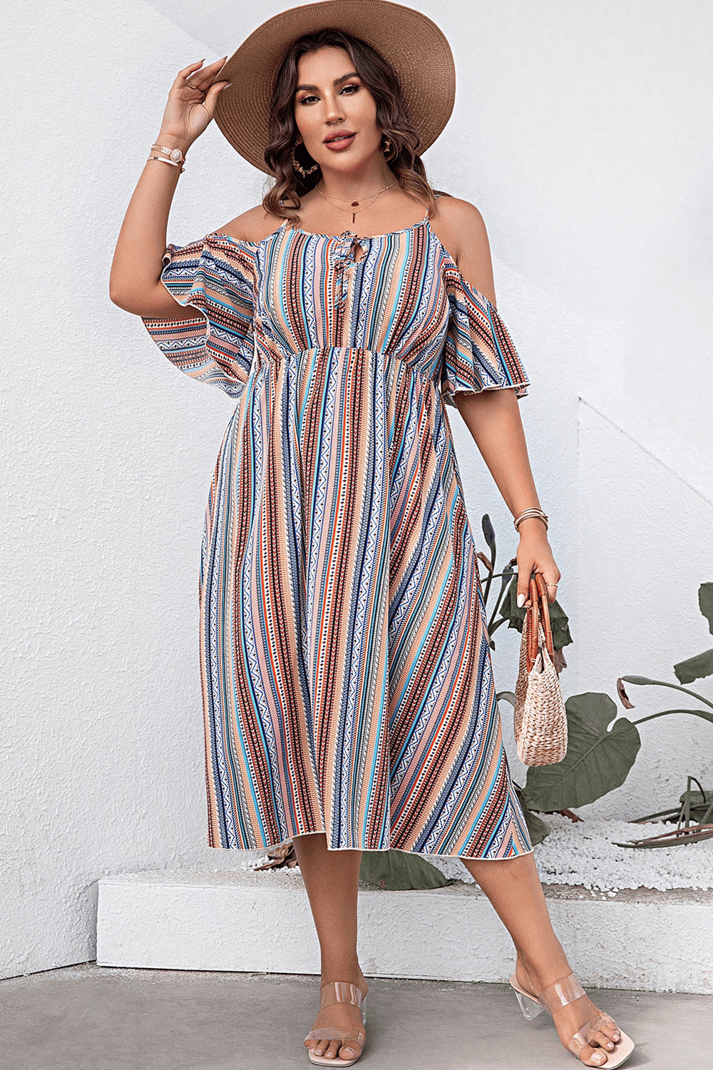 Plus Size Striped Cold-Shoulder Dress Eromxe