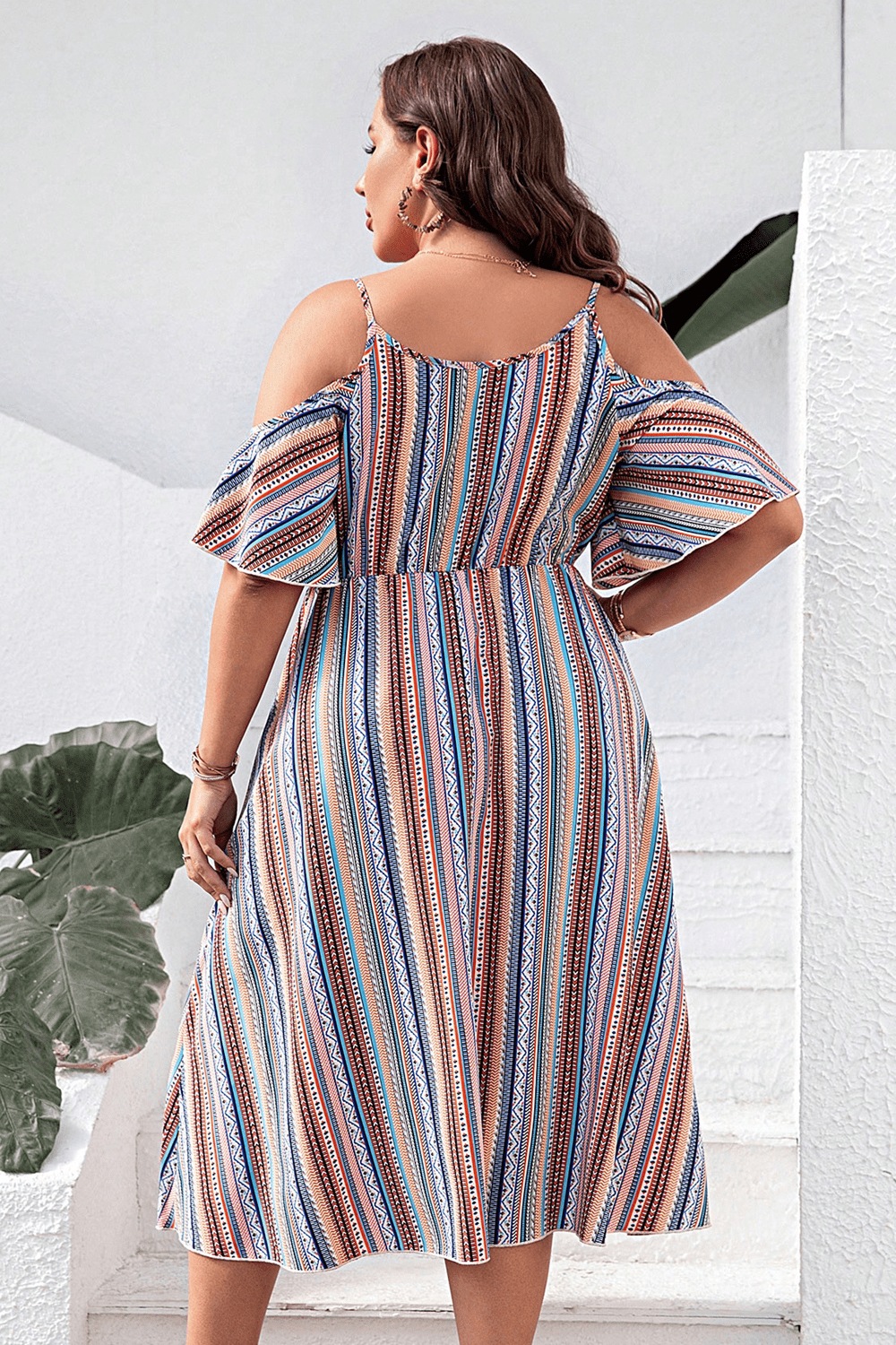 Plus Size Striped Cold-Shoulder Dress Eromxe