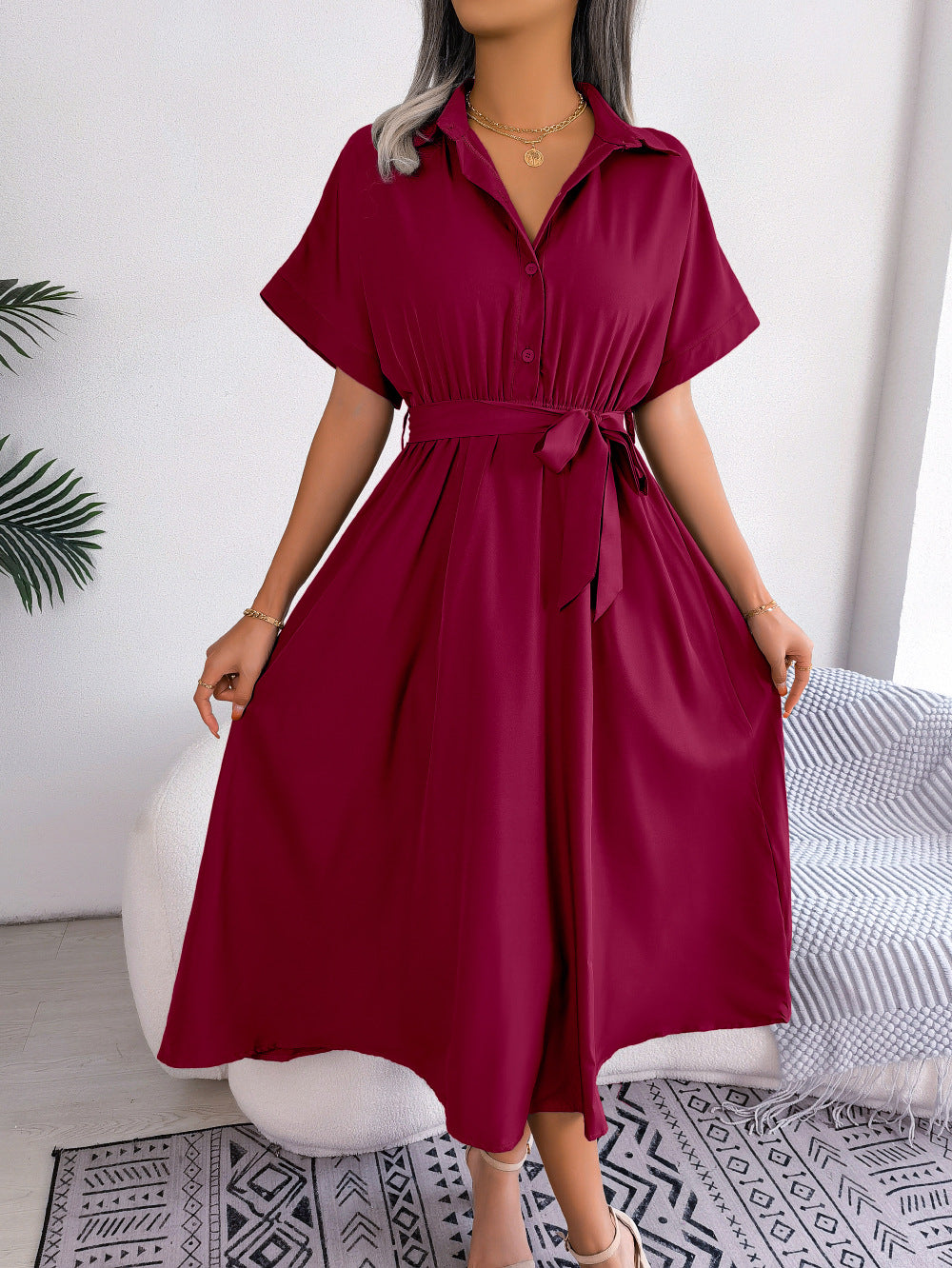 Short Sleeve Collared Tie Belt Dress Eromxe