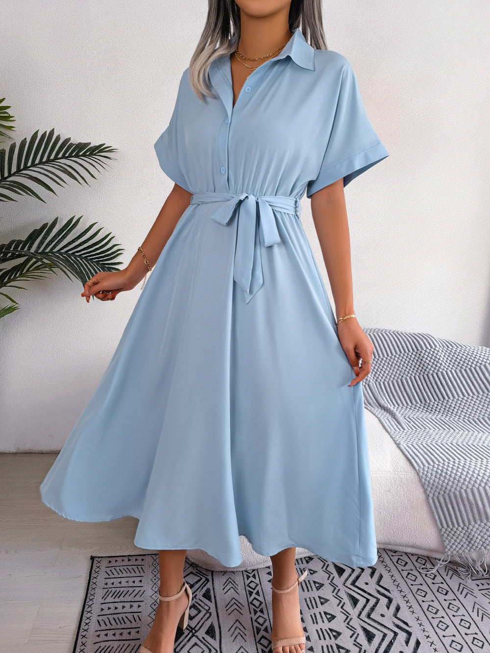 Short Sleeve Collared Tie Belt Dress Eromxe