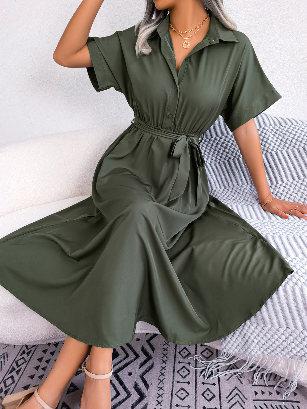 Short Sleeve Collared Tie Belt Dress Eromxe