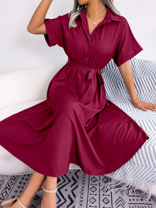 Short Sleeve Collared Tie Belt Dress Eromxe