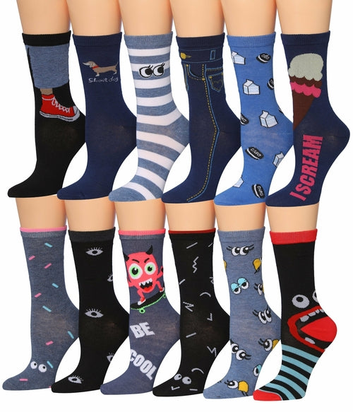 Tipi Toe Women's 12 Pairs Colorful Patterned Crew Socks Eromxe