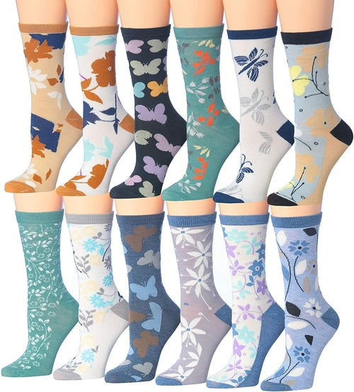 Tipi Toe Women's 12 Pairs Colorful Patterned Crew Socks Eromxe