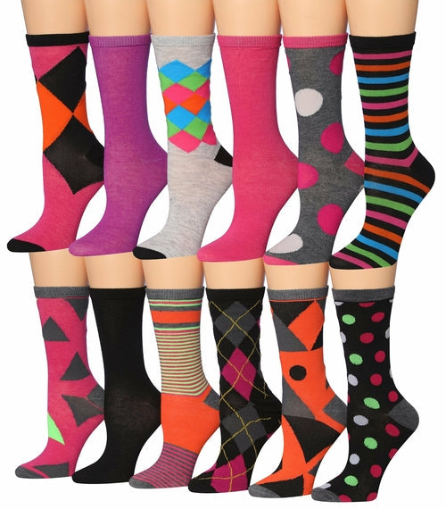 Tipi Toe Women's 12 Pairs Colorful Patterned Crew Socks Eromxe