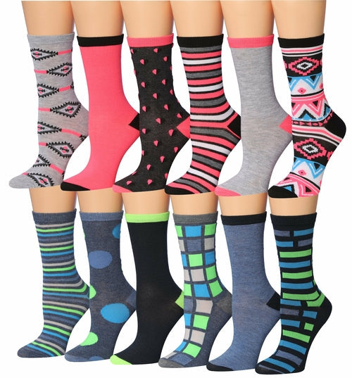 Tipi Toe Women's 12 Pairs Colorful Patterned Crew Socks Eromxe