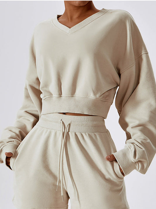 V-Neck Dropped Shoulder Sports Sweatshirt Eromxe