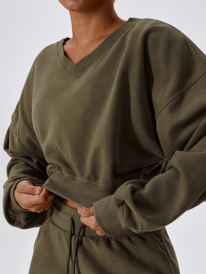 V-Neck Dropped Shoulder Sports Sweatshirt Eromxe