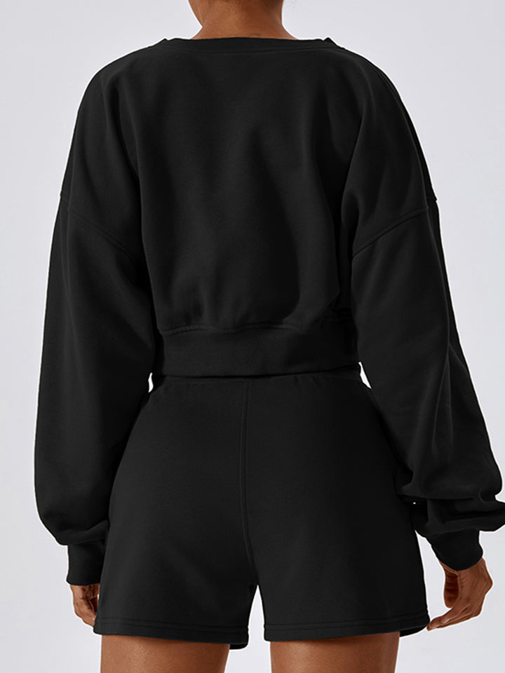 V-Neck Dropped Shoulder Sports Sweatshirt Eromxe