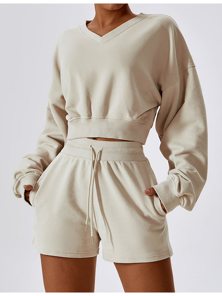 V-Neck Dropped Shoulder Sports Sweatshirt Eromxe