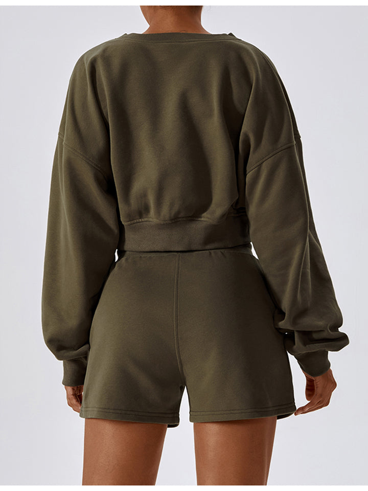 V-Neck Dropped Shoulder Sports Sweatshirt Eromxe
