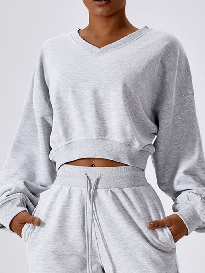 V-Neck Dropped Shoulder Sports Sweatshirt Eromxe